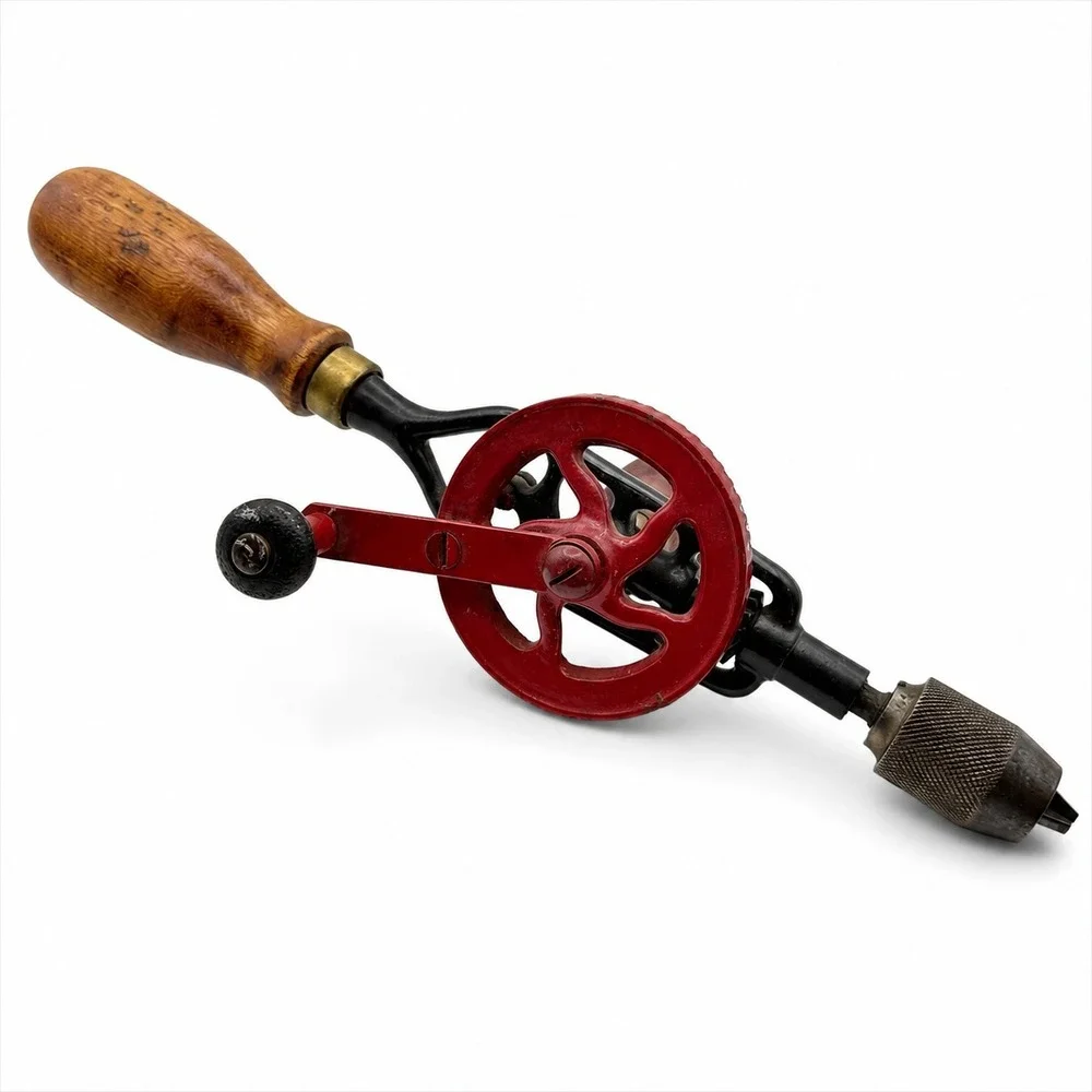 Vintage Hand Crank Eggbeater Drill Red Metal Wood Handle Manual Hand Drill Tool